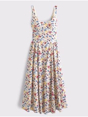 Abercrombie & Fitch Cream Floral Midi Dress with Blue, Pink, Yellow Flowers